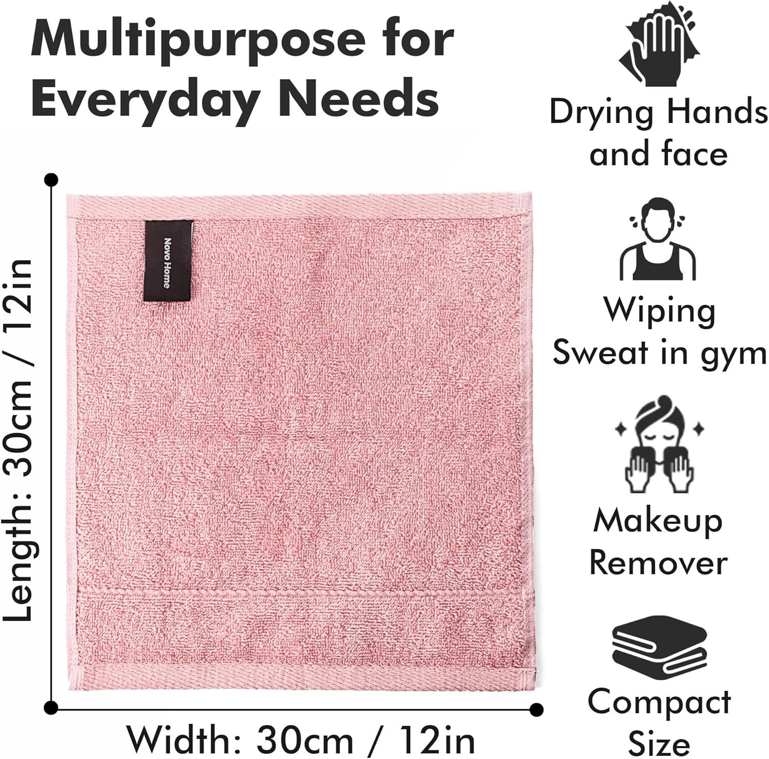Detalle de Novo Home Face Towels Pack of 12 – 100% Cotton, 30x30cm, Baby Pink