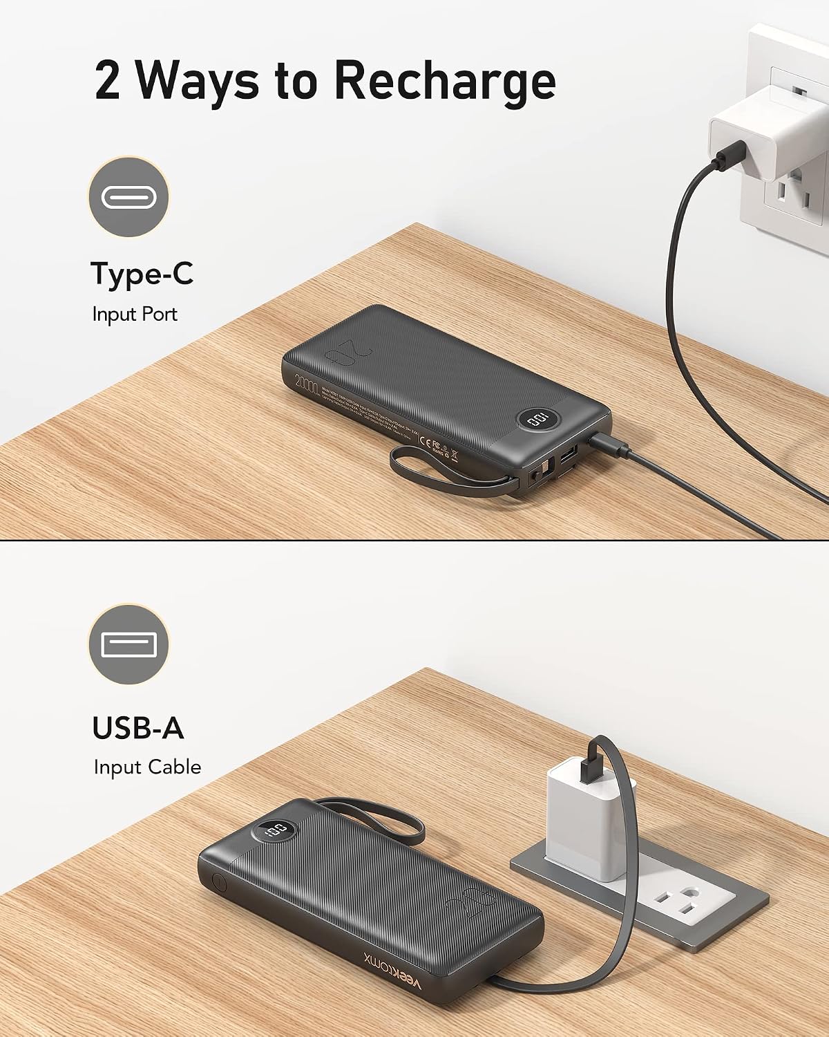 Detalle de VEEKTOMX Power Bank 20000mAh con cavi integrati, 5 uscite (3 cavi + USB-A + USB-C) e display LED