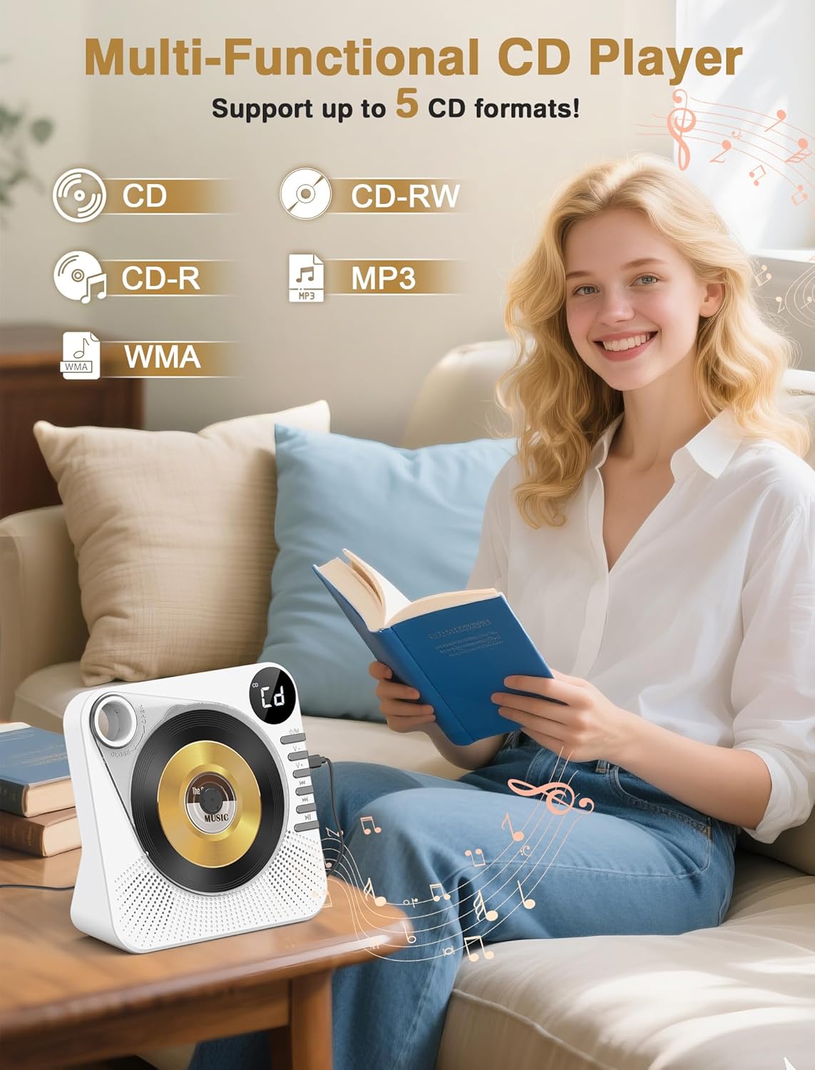 Detalle 2 de Greadio Portable CD Player with Bluetooth 5.1 — Versatile, Space-Saving HiFi for Home Use