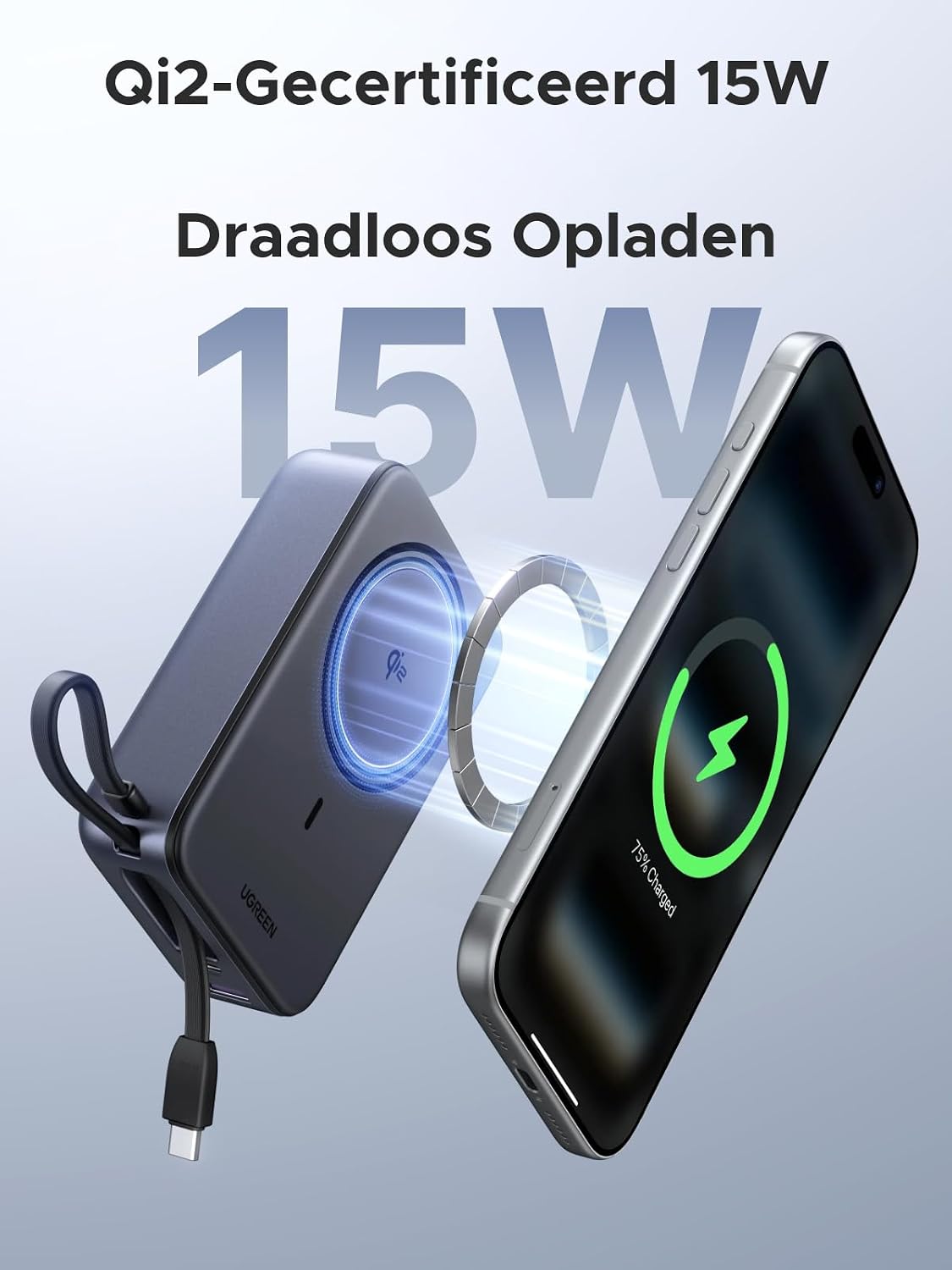 Detalle 2 de UGREEN Zapix PB567 powerbank 20.000 mAh met Qi2 15W en USB-C 30W