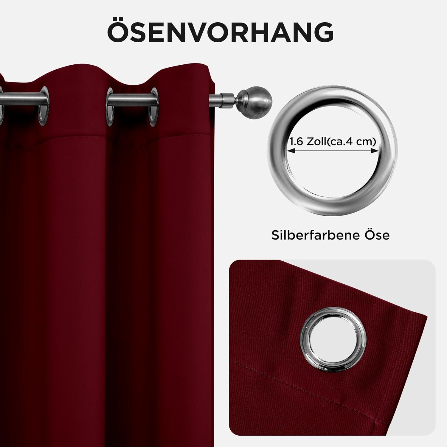 Thumbnail 5 de Joydeco blickdichte Verdunkelungsvorhänge mit Ösen (2 Stück) – Burgunderrot, H 245 x B 140