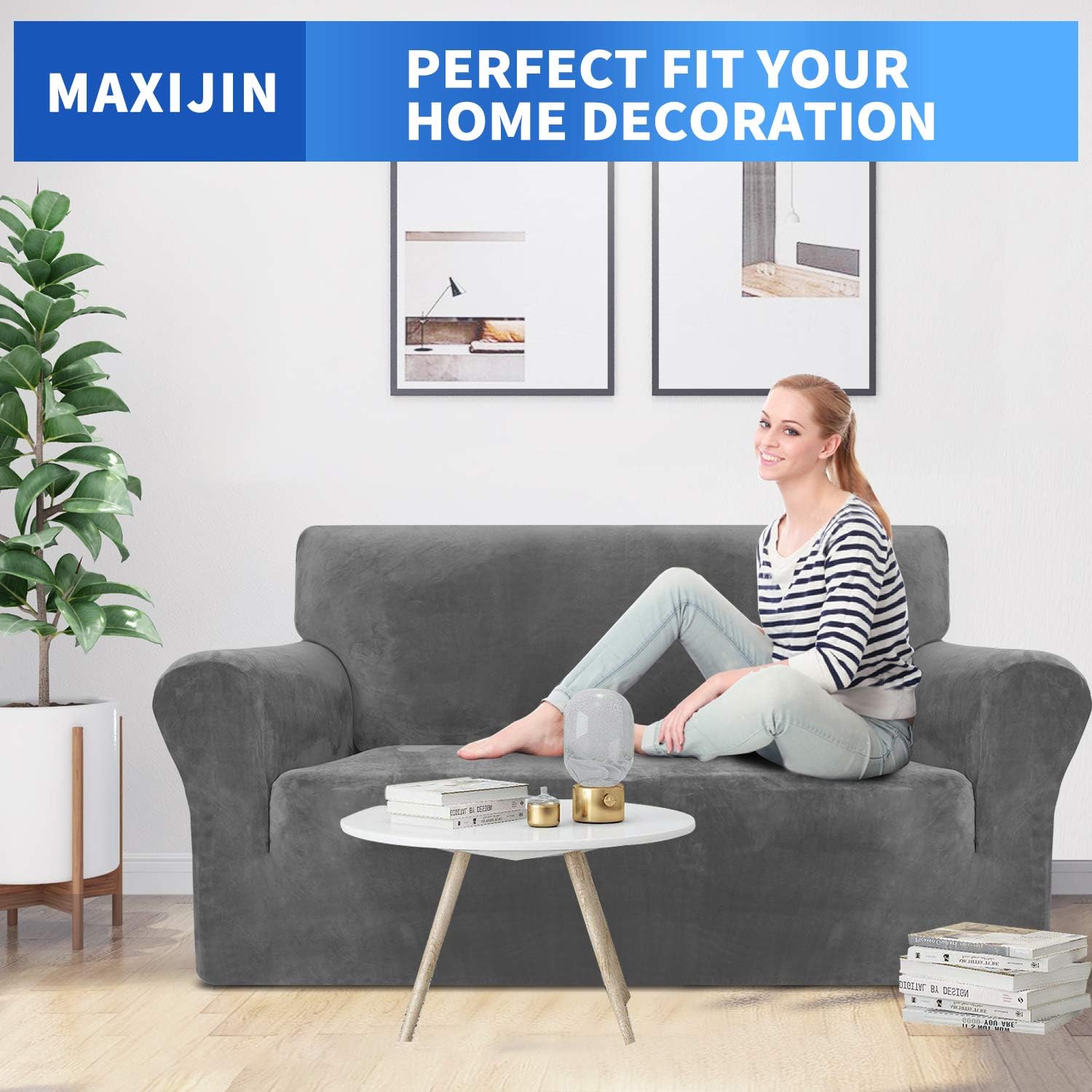 Thumbnail 1 de MAXIJIN Thick Velvet Loveseat Cover for 2-Cushion Couch, Grey, Stretch Fit