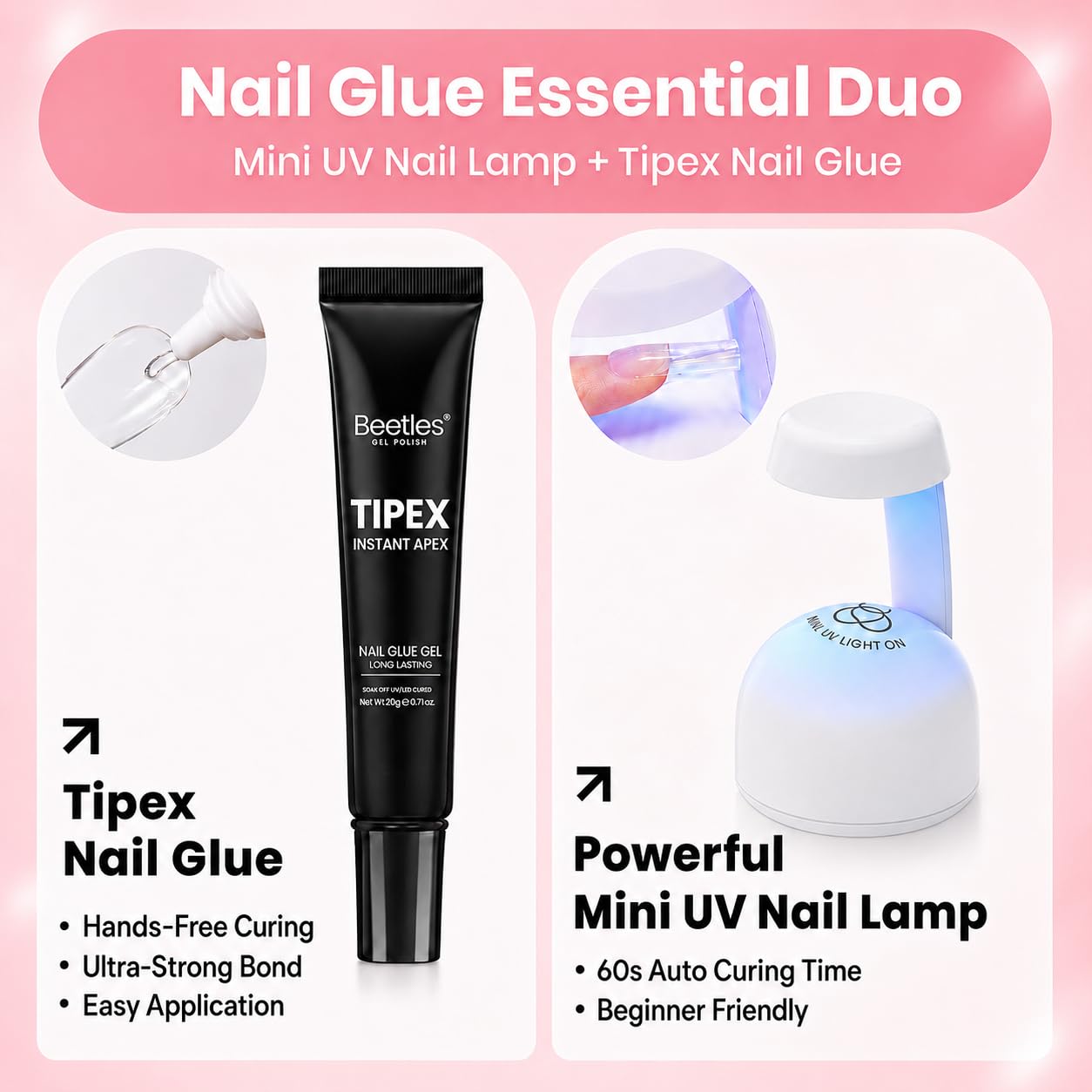 Detalle 2 de Beetles Tipex Instant Apex Nail Tips Kit with Dehydrator & Primer, Long Square (224pcs) + Mini UV Lamp