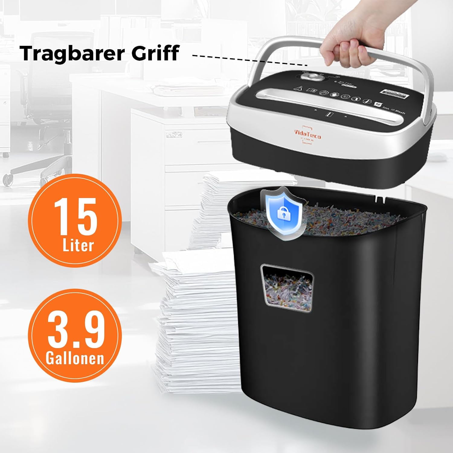 Thumbnail 2 de VidaTeco Schredder Aktenvernichter 10 Blatt Kreuzschnitt P-4, 15L – ideal fürs Home Office
