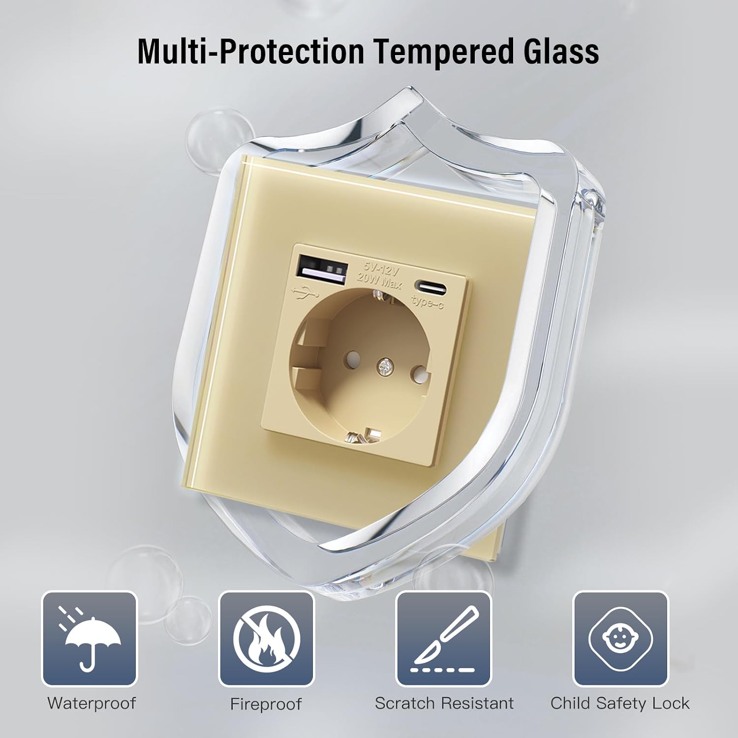 Detalle 2 de BSEED Glas-Steckdose mit 20W USB-C Schnellladegerät (20W), 3-in-1 Unterputz – 86 mm, 1-fach, Gold