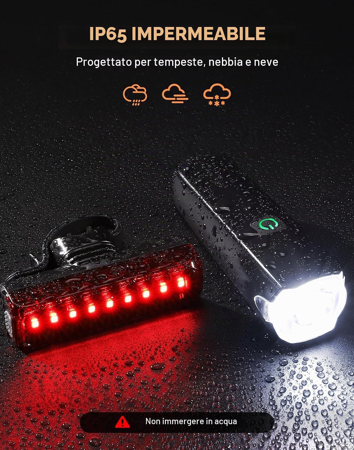 Detalle 2 de CIRYCASE Luci Bicicletta LED 1200 Lumen – Set Frontale e Posteriore con ricarica USB-C, IP65, 2600 mAh, 3+5 modalità