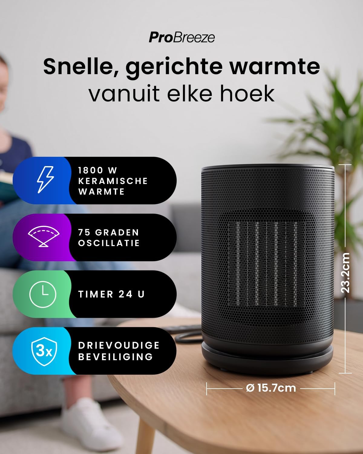 Detalle 2 de Pro Breeze PB-H-26B-EU keramische kachel 1800 W met 75° oscillatie