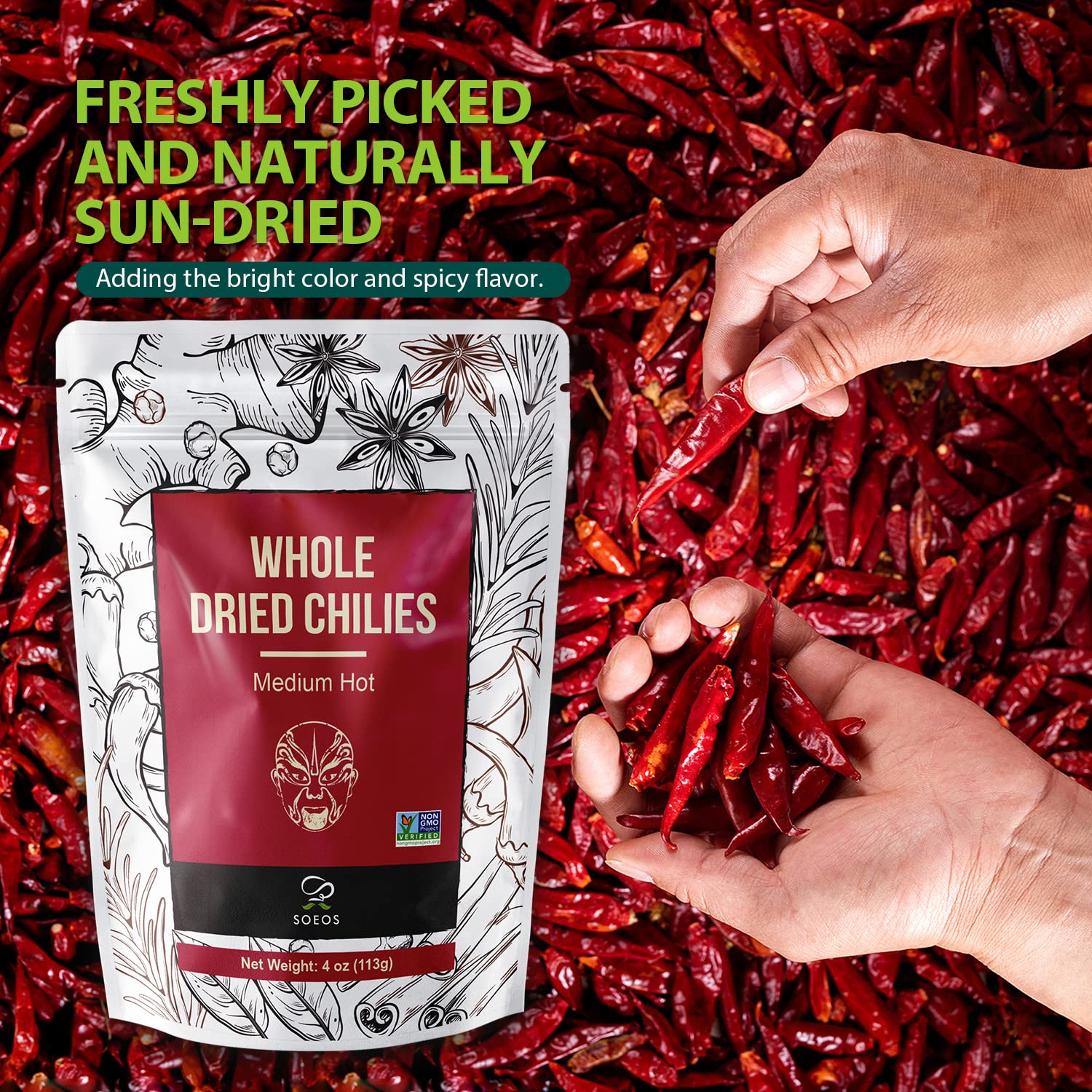 Thumbnail 4 de Soeos Whole Dried Chili Peppers, 4 oz (113g), Medium-Spicy Red Chilies