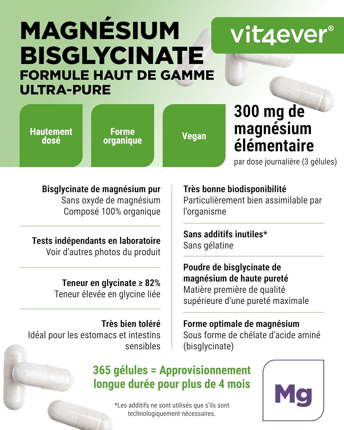Detalle de Bisglycinate de magnésium 300 mg (3 gélules/jour) – 365 gélules, vegan