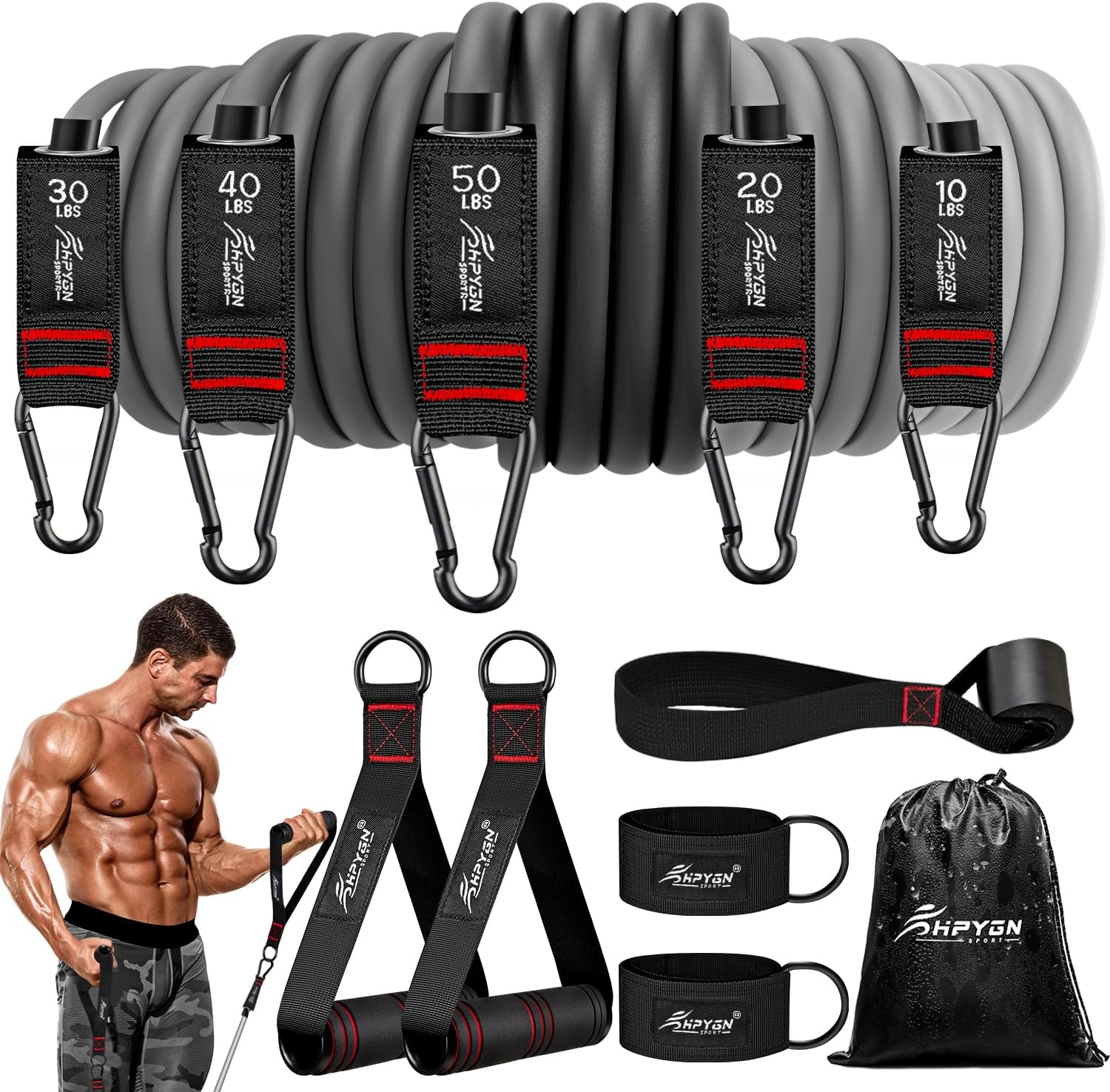 Detalle de HPYGN 12-Piece Resistance Bands Set with Handles, Door Anchor, Ankle Straps — Up to 200 lbs