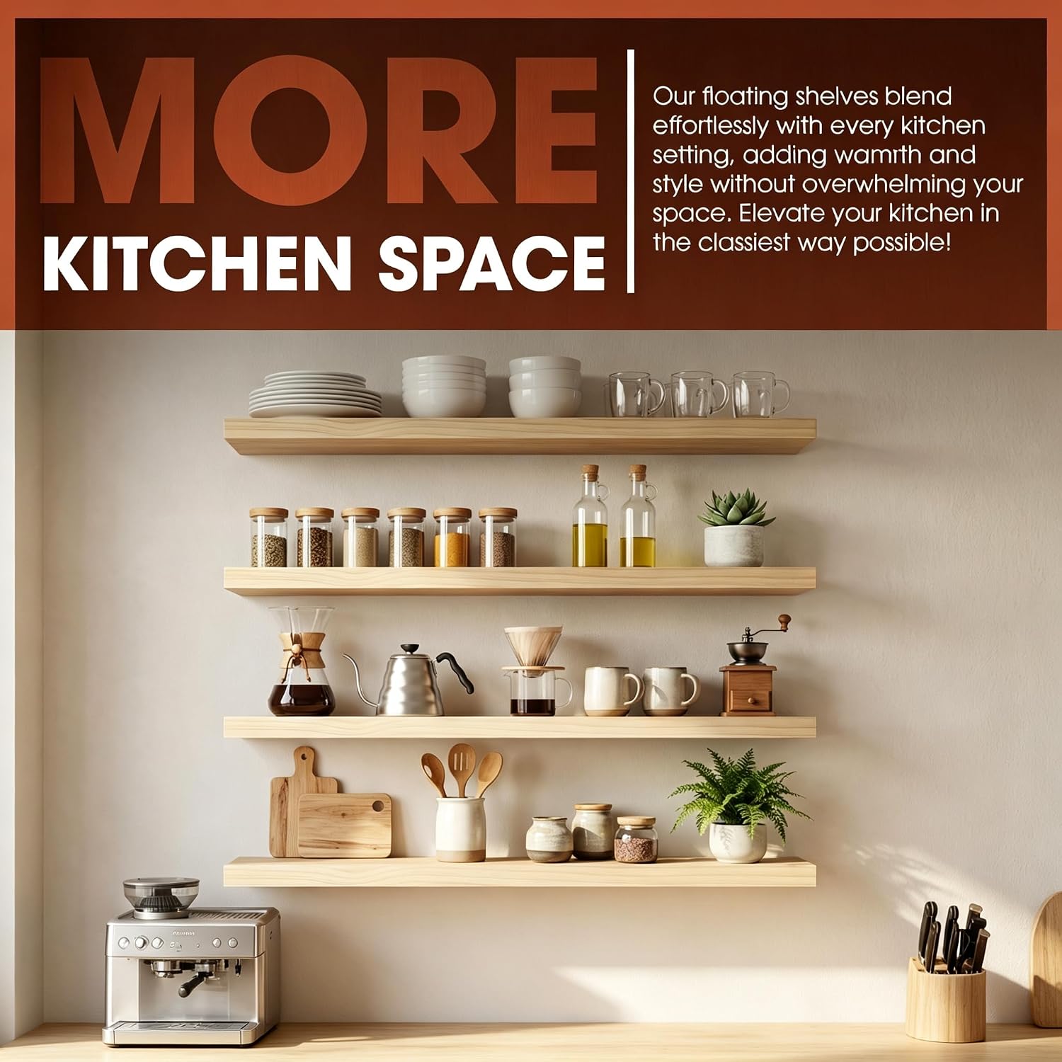 Detalle de SenlanMot Natural Pine Floating Shelves, Set of 2 with Hidden Brackets
