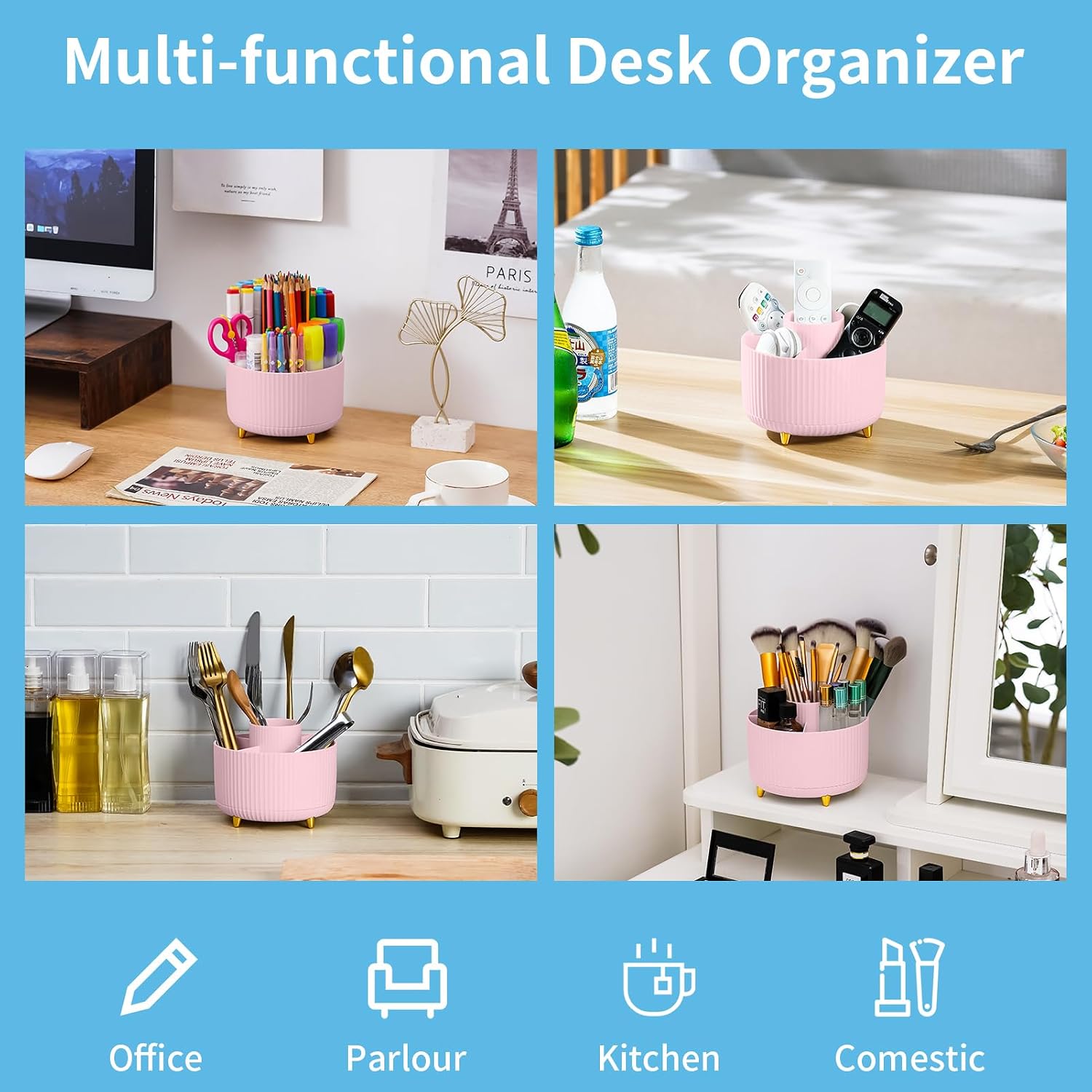 Detalle de Marbrasse Plastic Rotating Pen Holder-Pink Desk Organizer, 5 Compartments