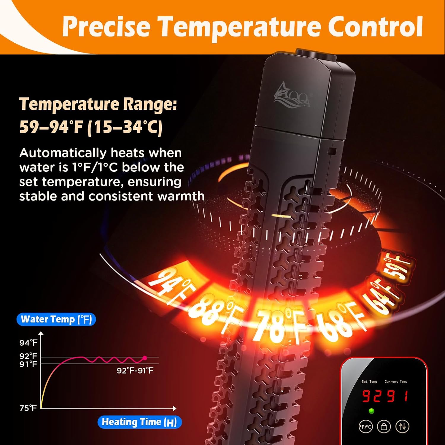 Detalle 2 de AQQA Aquarium Heater 500W with external LED thermostat controller (quartz, submersible) for 200–500L tanks