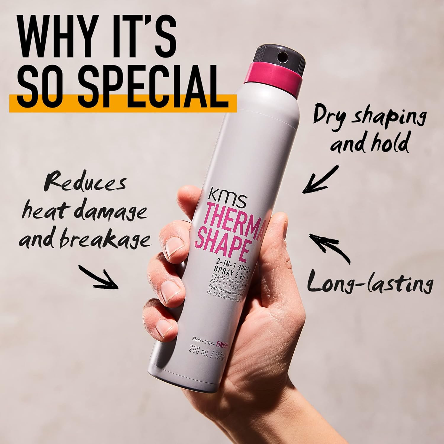 Detalle 2 de KMS ThermaShape 2-in-1 Spray: 200ml, For All Hair Types, Style Memory & Hold, Heat Protection