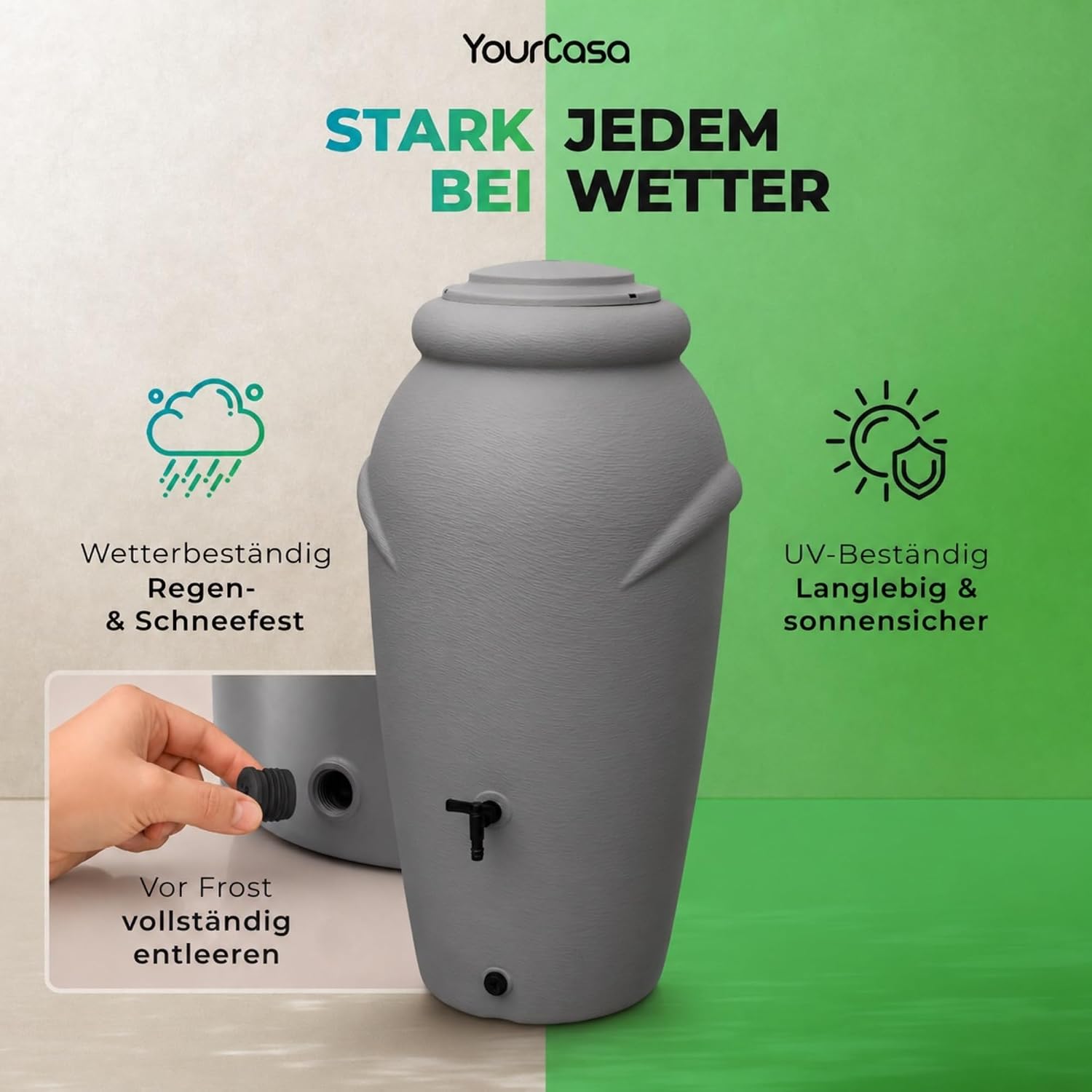Detalle de YourCasa Regentonne 210 Liter im Amphore-Design – Frostsicheres Kunststoff-Regenfass mit Wasserhahn