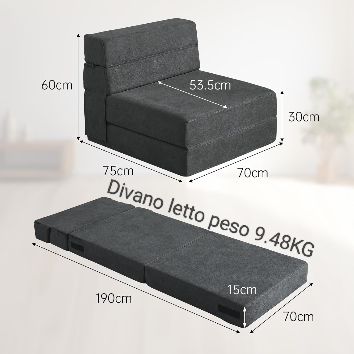 Detalle de ANONER Divano letto pieghevole 70 x 190 cm: memory foam e coperture lavabili per piccoli spazi
