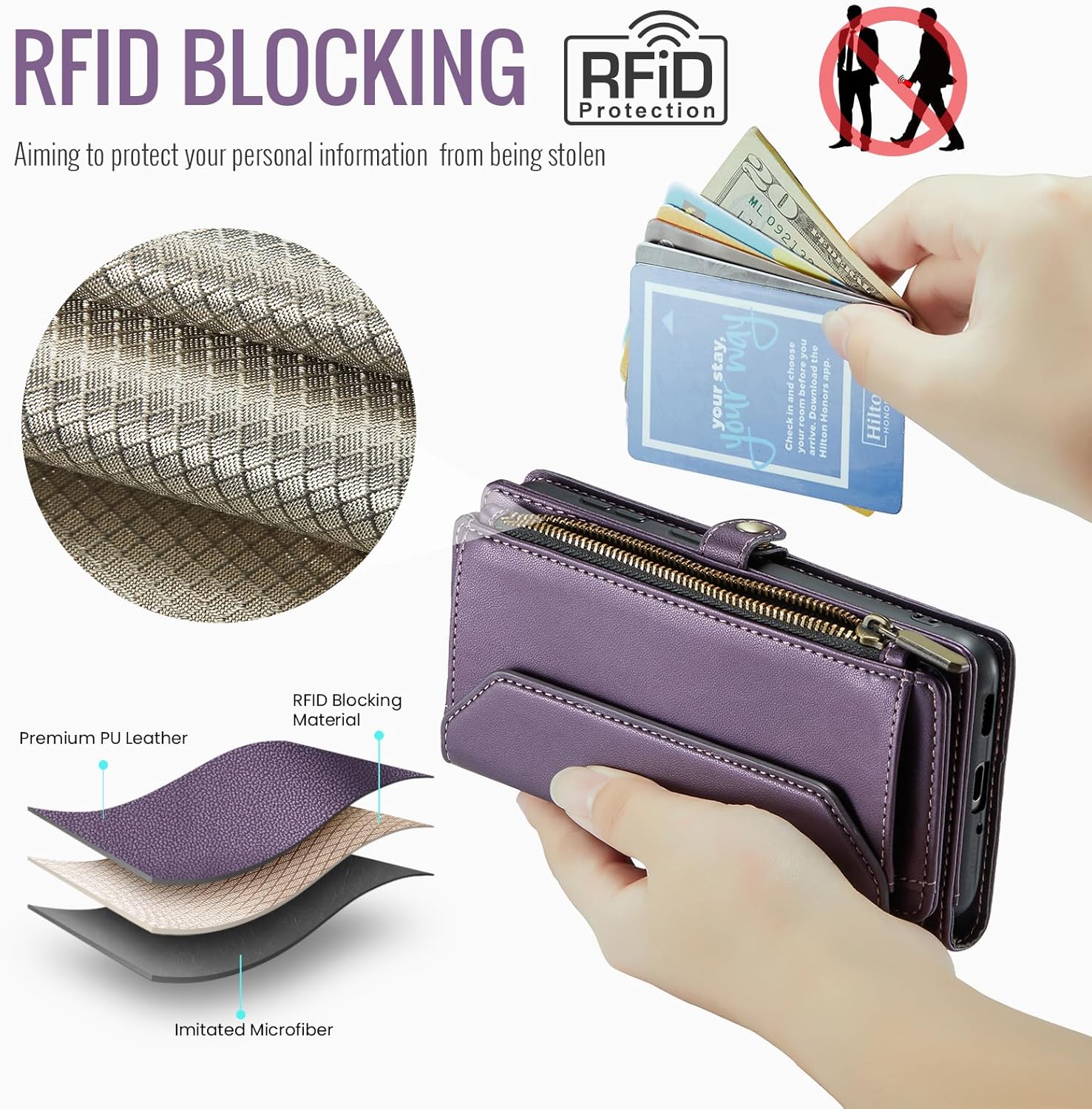 Thumbnail 3 de Phone Case for Samsung Galaxy A14/M14 5G with Zipper Wallet, RFID Blocking & Screen Protector (Purple)