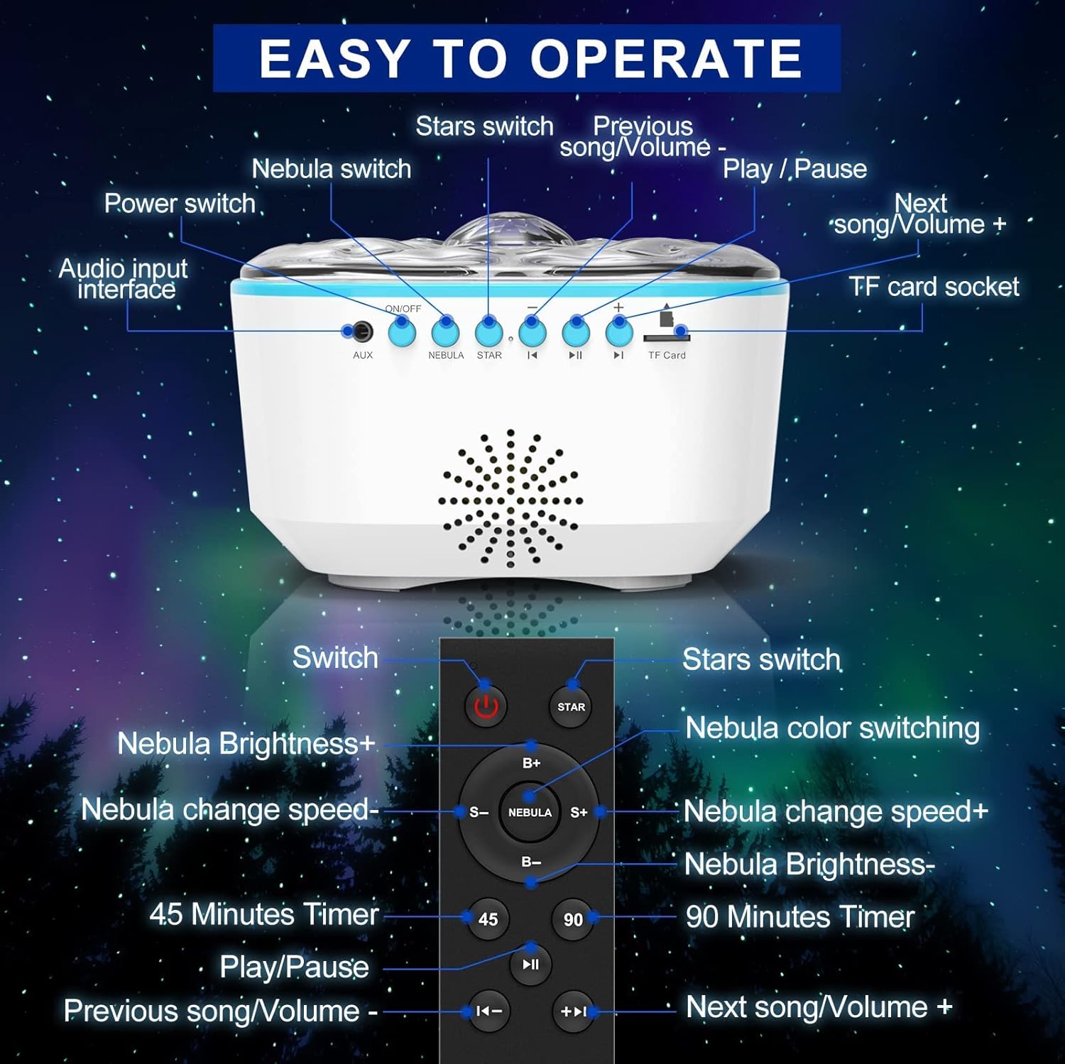 Thumbnail 5 de Bozhihong Galaxy Projector star night light with remote, timer and built-in music (white)