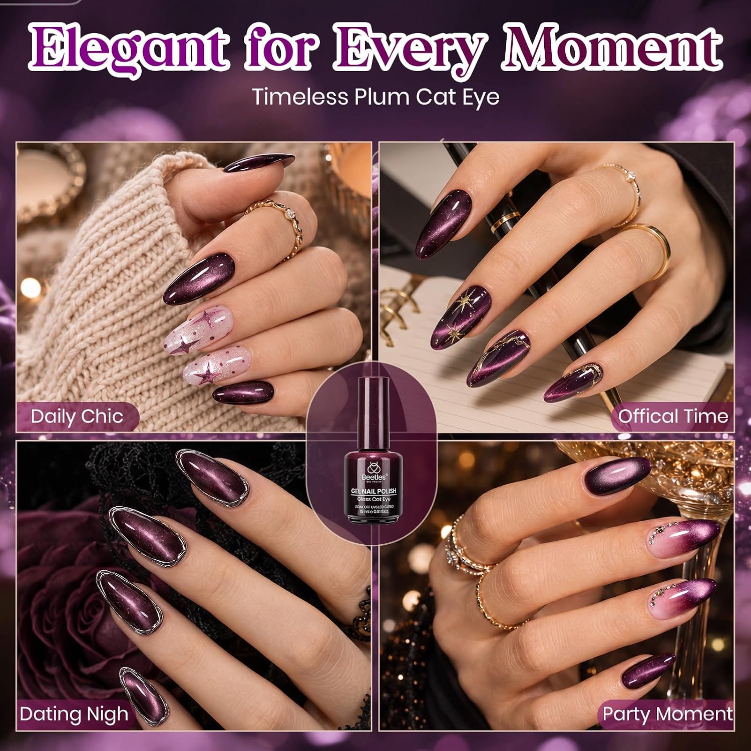 Detalle 1 de Beetles Deep Purple Cat Eye Gel Polish, 15 mL Mystic Plum Magnetic Gel