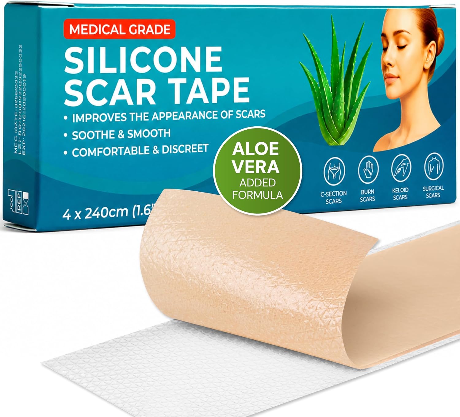 Detalle de Silicone Scar Tape with Aloe Vera — Medical Grade Silicone Sheets & Tape (4cm x 2.4m)