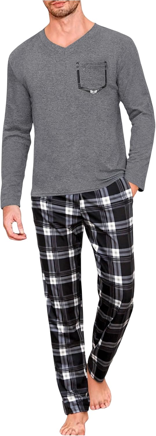 Detalle de Uniexcosm Pyjama Homme Hiver en coton – Ensemble à carreaux, manches longues