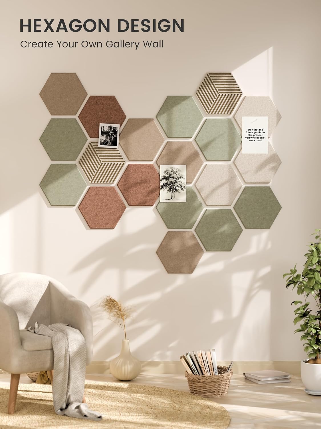 Thumbnail 6 de Fluxynara 10-Pack Hexagon Felt Bulletin Board Tiles, Boho with Adhesive Tabs