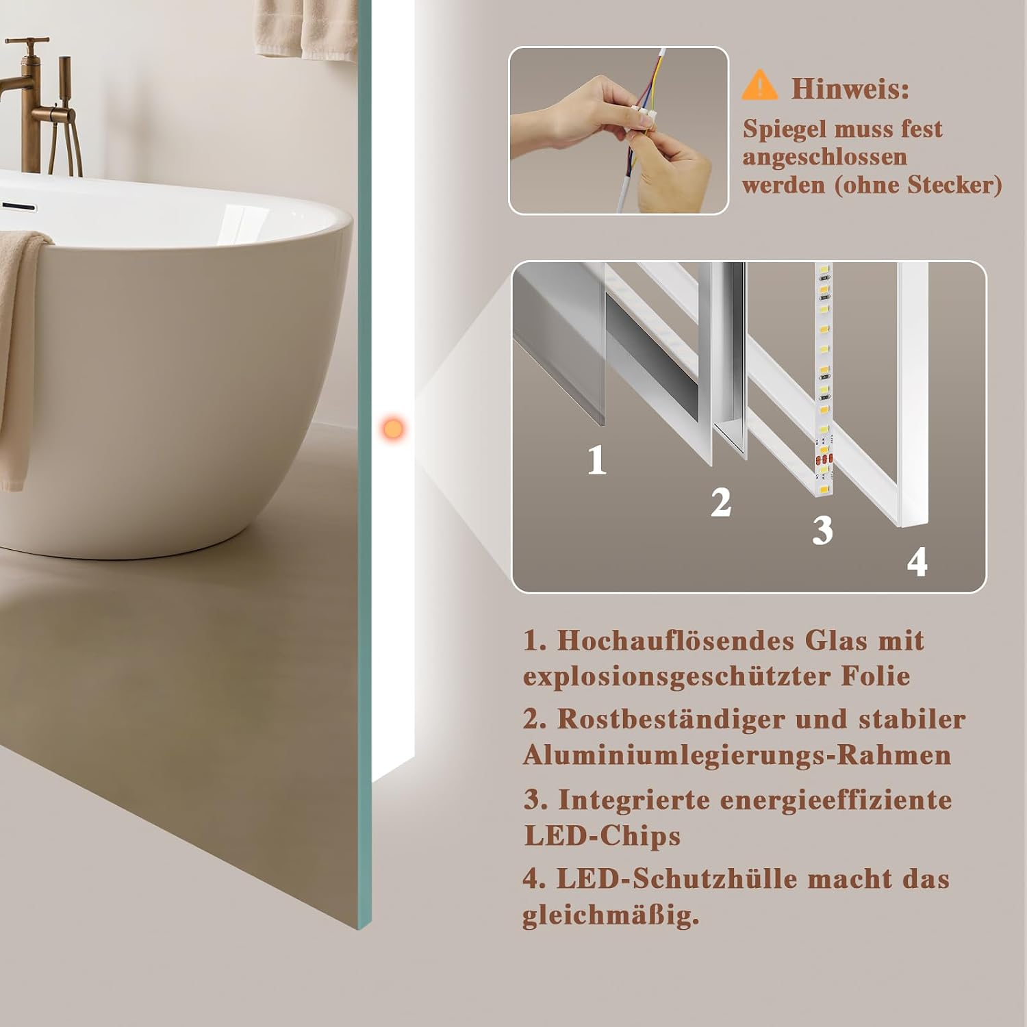 Thumbnail 6 de Archaluxe Badspiegel mit Beleuchtung 40x60 cm – LED Spiegel mit Touch, dimmbar, 3 Lichtfarben, IP44/IP54