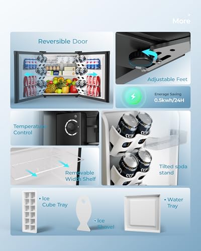 Detalle 2 de EUHOMY 46L Mini Fridge: Compact Table Top Fridge with Reversible Door, 7-Level Thermostat and Quiet Performance