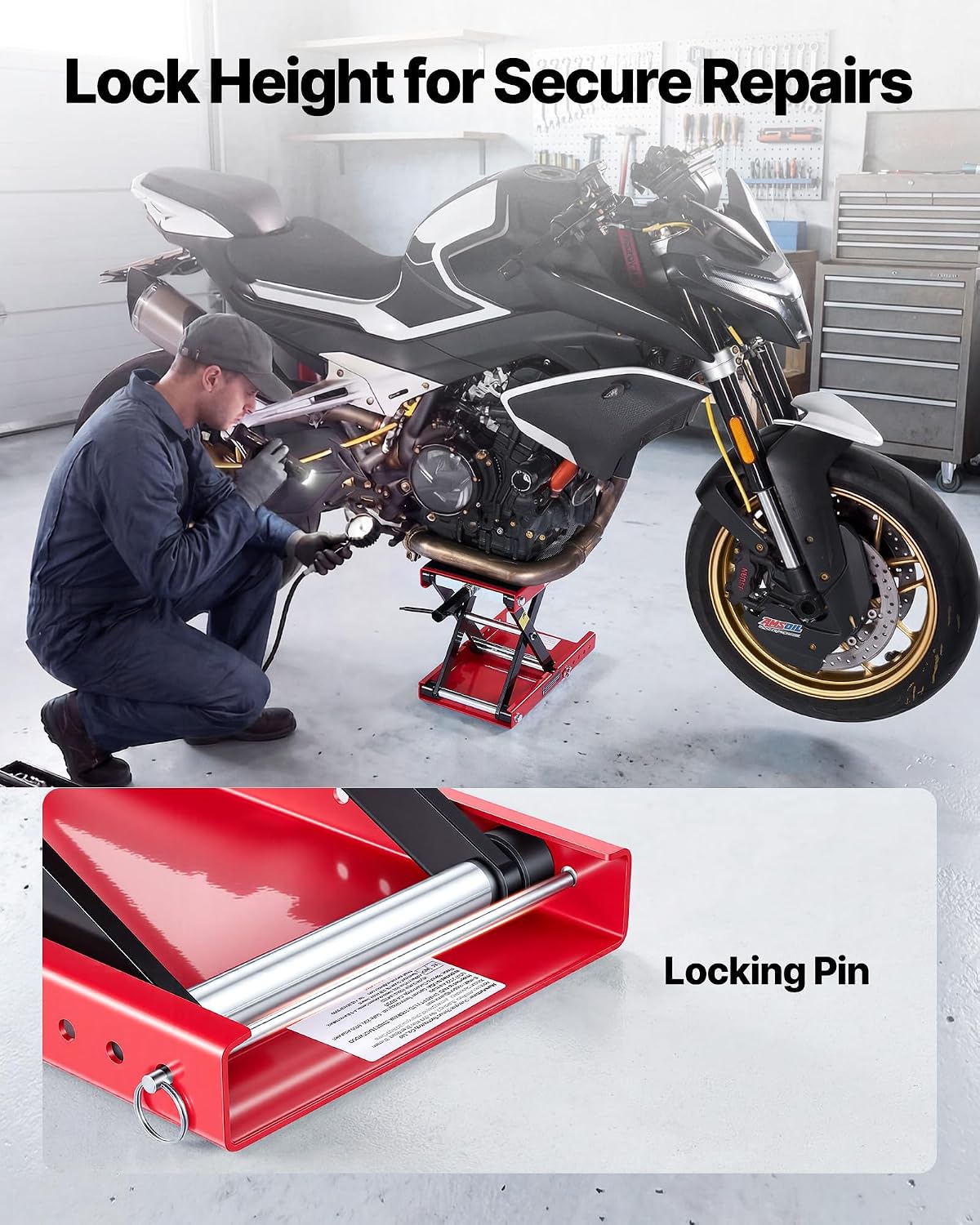 Thumbnail 4 de VEVOR Motorcycle Lift: 1100 lbs Scissor Lift with Wide Deck and Lock Pin