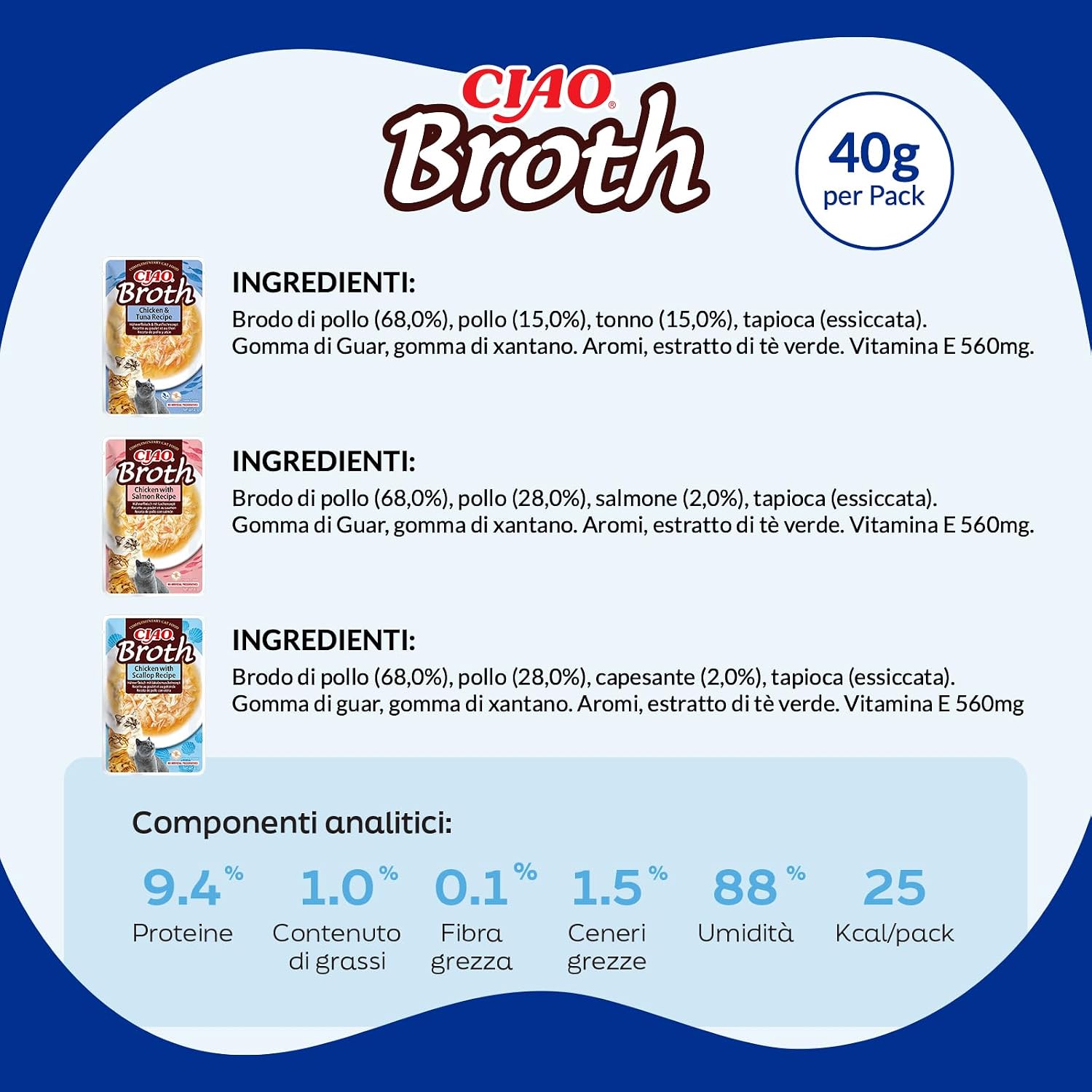 Thumbnail 6 de INABA CIAO Brodo di Pollo per Gatti in 3 Gusti — 10 Buste x 40 g, Cibo Umido con Straccetti di Pollo, Tonno, Salmone e Capesante
