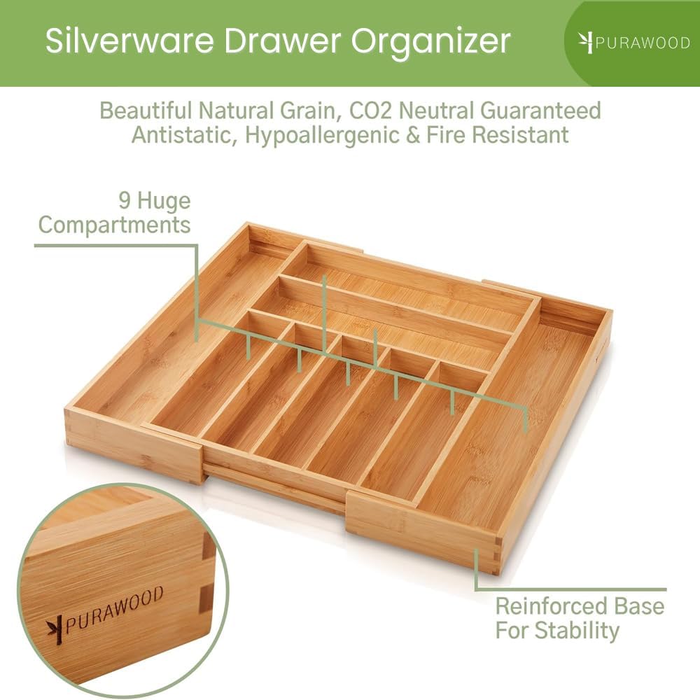 Thumbnail 3 de Purawood Bamboo Drawer Organizer: Expandable 7–9 Slot Silverware Tray
