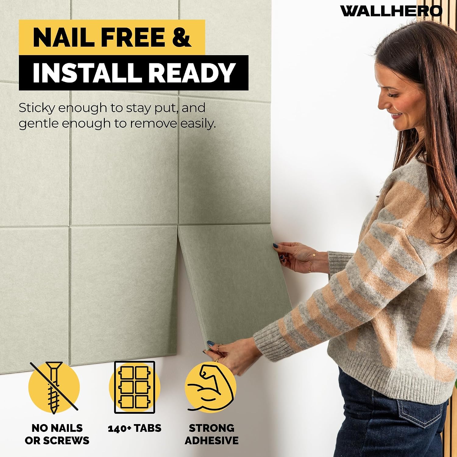 Detalle 2 de WallHero Felt Wall Tiles, 59" x 36", 15-Pack, Sage Green Recycled Polyester