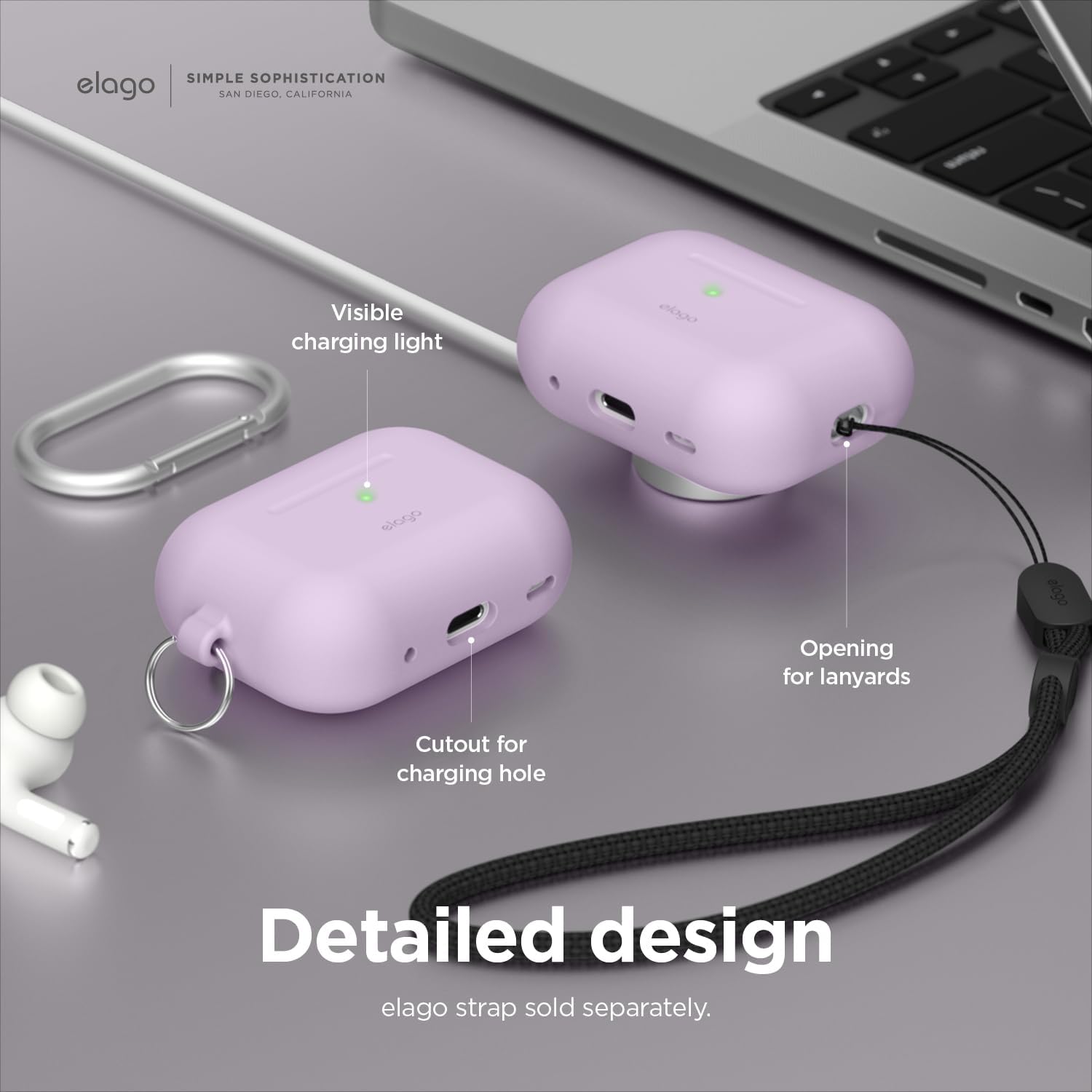 Detalle 2 de elago Coque en silicone pour AirPods Pro 2 : étui de protection violet avec porte-clé et voyant LED