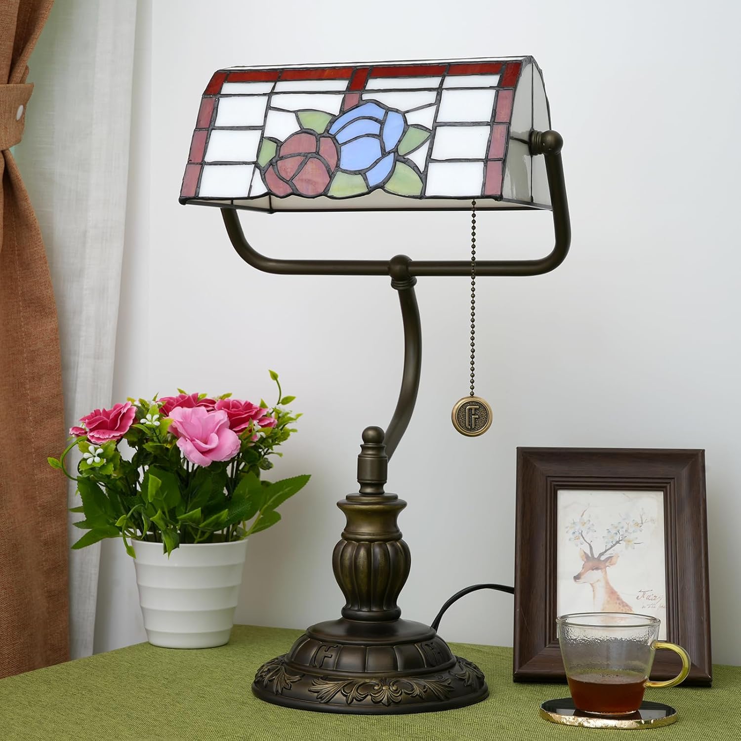 Thumbnail 6 de Blivuself Red Rose Tiffany Bankers Desk Lamp (stained glass table lamp, pull chain)