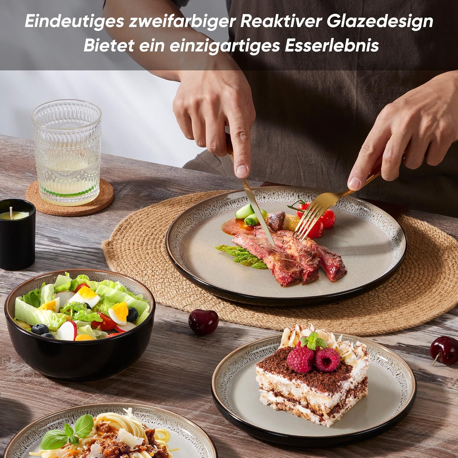 Thumbnail 3 de HaWare Geschirrset für 6 Personen (18-teilig) aus Steingut mit reaktiver Glasur in Khaki