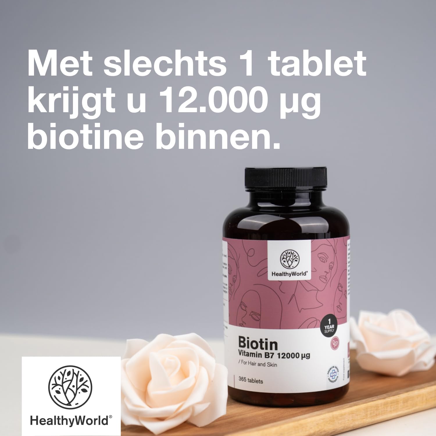 Detalle 2 de HealthyWorld Biotine 12.000 µg, 365 tabletten vitamine B7 voor haar, huid en nagels