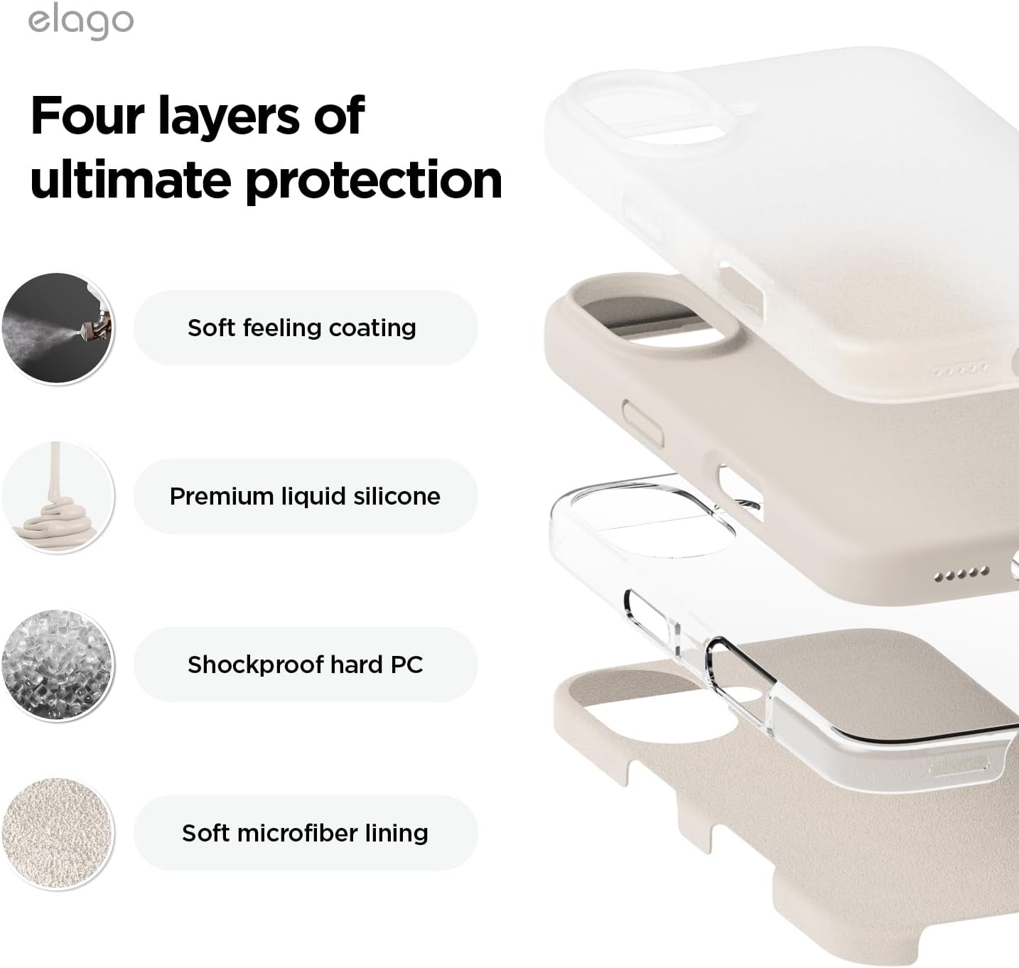 Thumbnail 3 de elago iPhone 16 Liquid Silicone Case (6.1 inch, Stone) – full body shockproof cover with soft lining