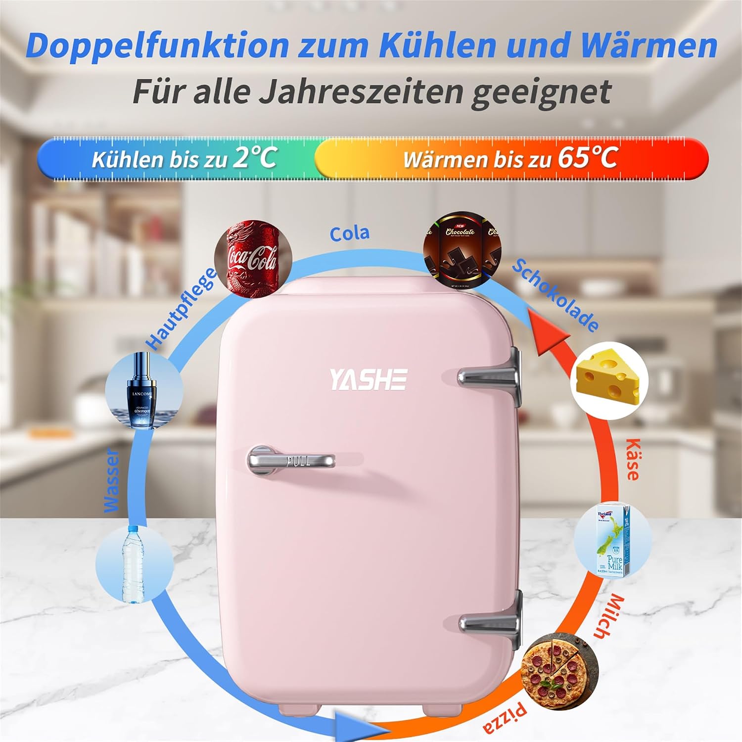 Detalle de YASHE 4L Mini-Kühlschrank: Thermoelektrisch kühlen und wärmen, 220V/12V, rosa