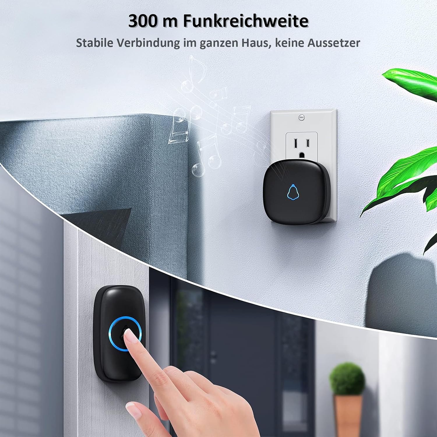 Detalle 2 de SECRUI Funkklingel für Haustür mit 2 Empfängern & 1 Sender, 58 Melodien, 5 Lautstärken, LED, IP55