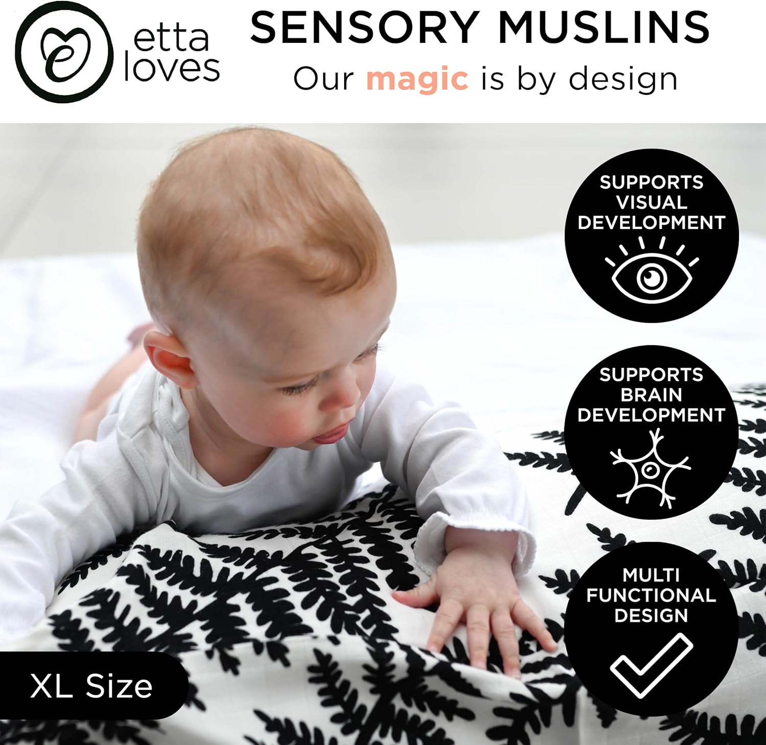 Thumbnail 2 de Etta Loves Extra Large Fern Print Muslin Cloth (Black & White) – Sensory Muslin Square for Newborns to 4 Months, 1-Pack