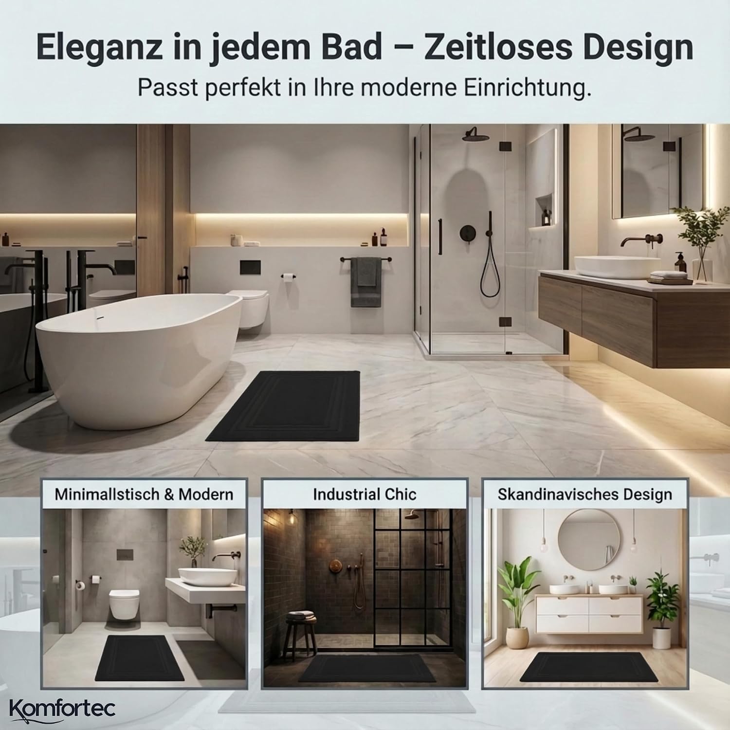 Thumbnail 4 de Komfortec Badvorleger 2er-Set aus 100% Baumwolle, 50×70 cm, Schwarz – 600 GSM