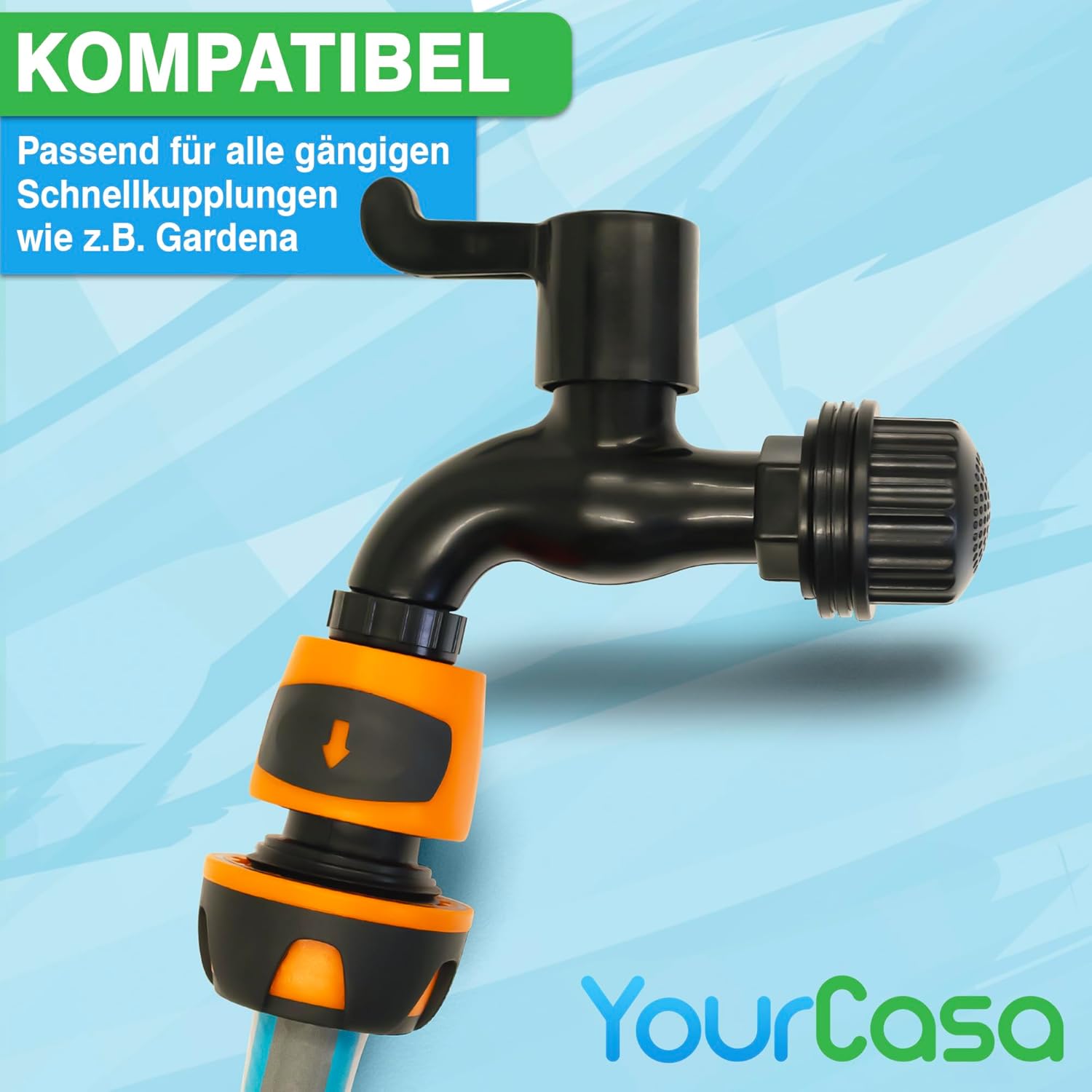 Thumbnail 2 de YourCasa Auslaufhahn 2er-Set für Regentonne mit Filter – 3/4 Zoll, Kugelhahn, Schnellkupplung kompatibel, Schwarz