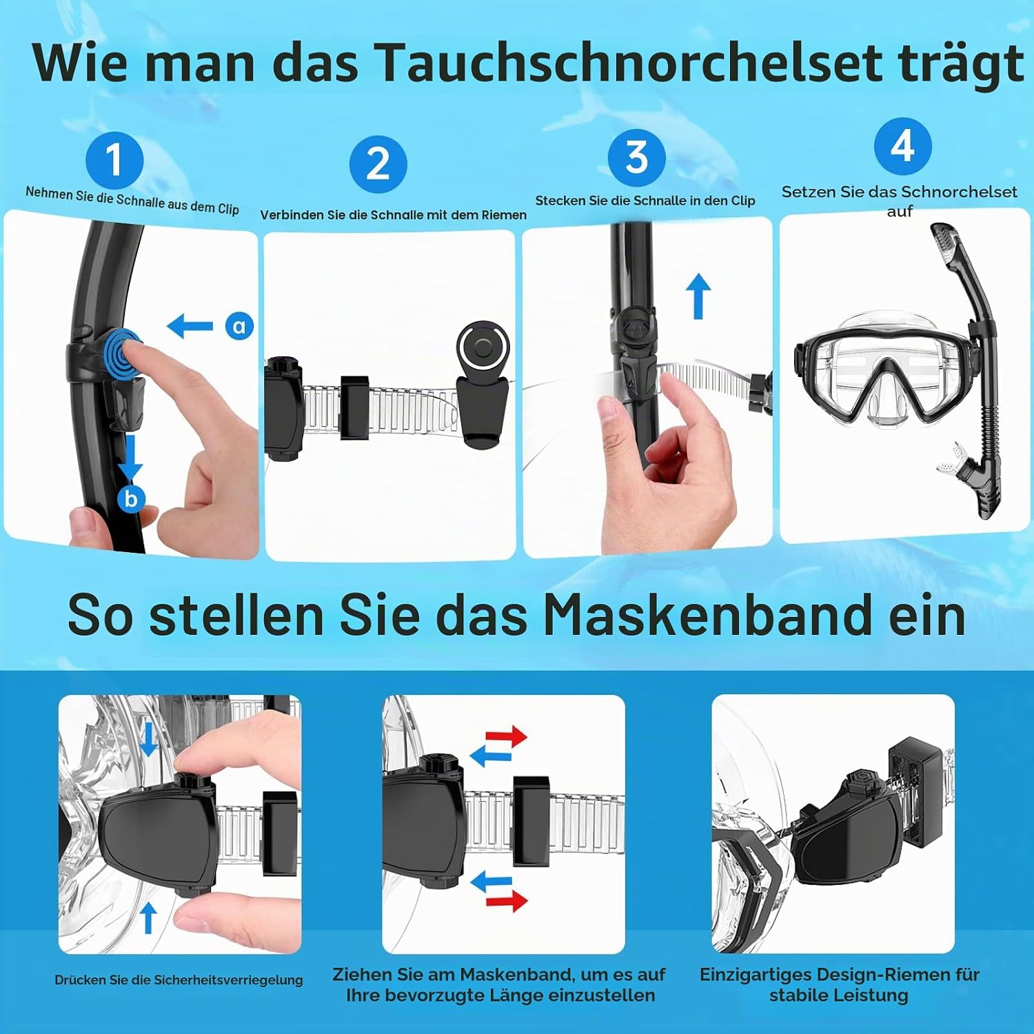Thumbnail 5 de JEMULICE Schnorchelset Erwachsene mit Tauchmaske aus gehärtetem Glas und Dry-Schnorchel