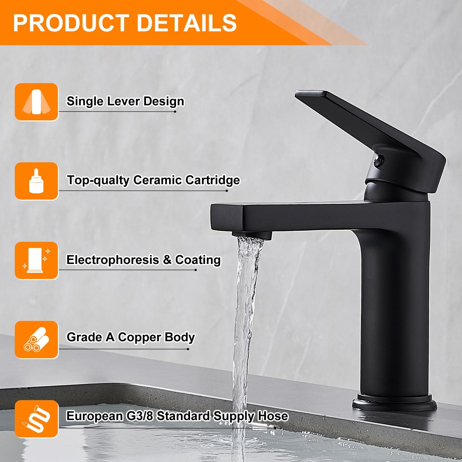 Thumbnail 2 de PORUGE Rubinetto per Lavabo con Miscelatore a Leva Singola in Ottone Massiccio – Spruzzato Nero