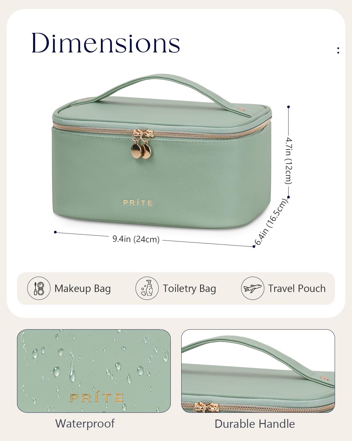 Detalle 2 de Prite Large Makeup Bag for Women – Waterproof Vegan Leather Travel Cosmetic Case (Green)