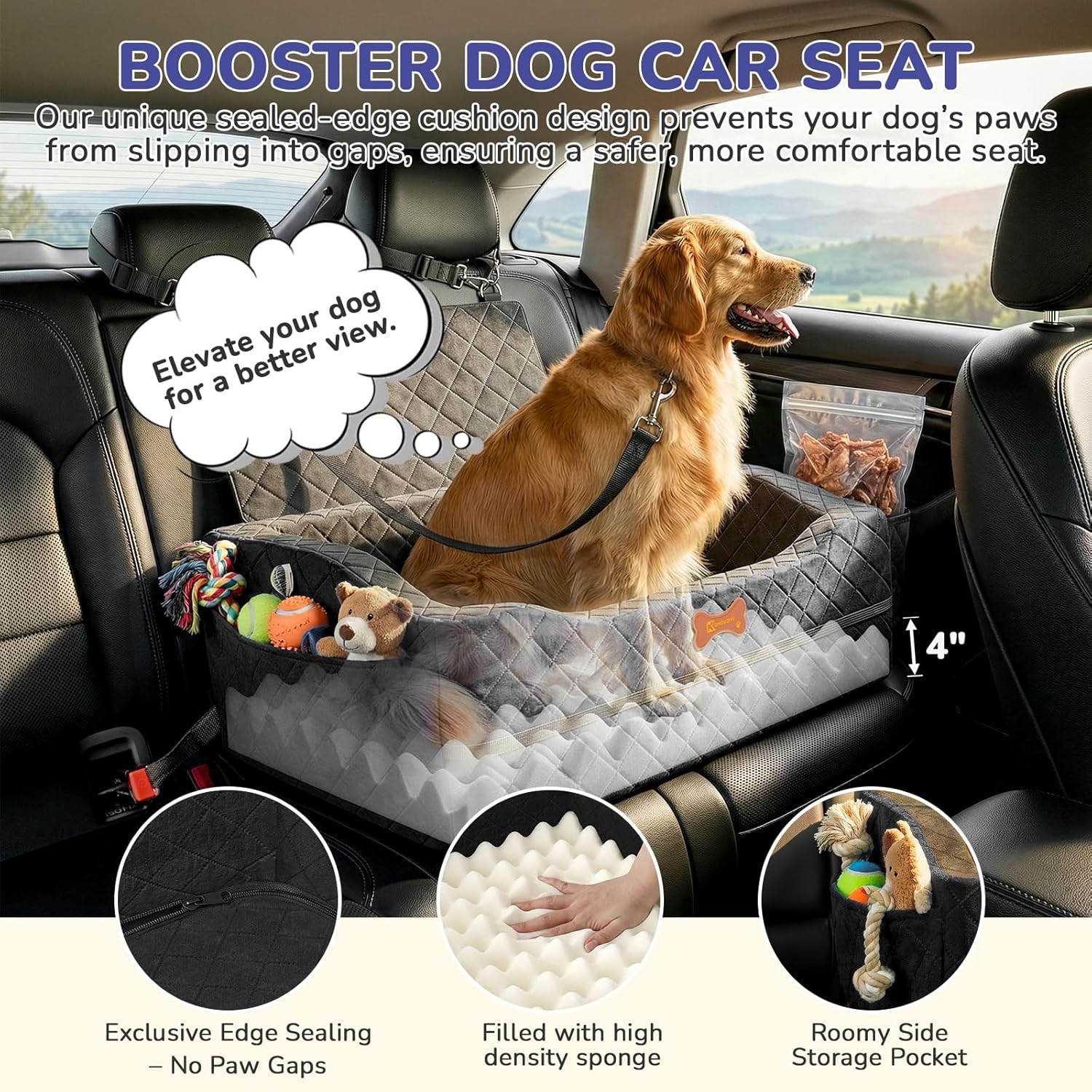 Detalle de Dog Car Seat for Medium to Large Dogs: 4" Elevated Booster Seat with ISOFIX – Jet Black