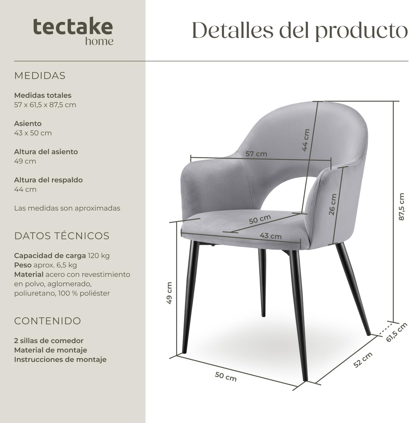 Thumbnail 2 de tectake sillas comedor elegantes gris claro