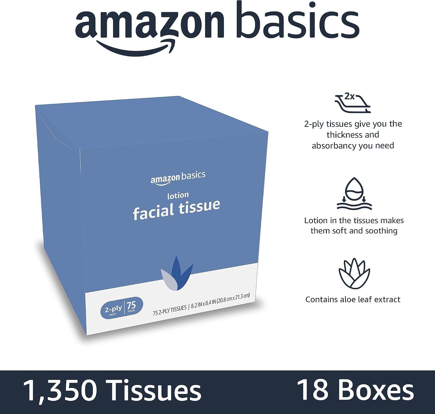 Detalle de Amazon Basics Facial Tissues with Lotion, 2-Ply, 1350 Count (18 Boxes)