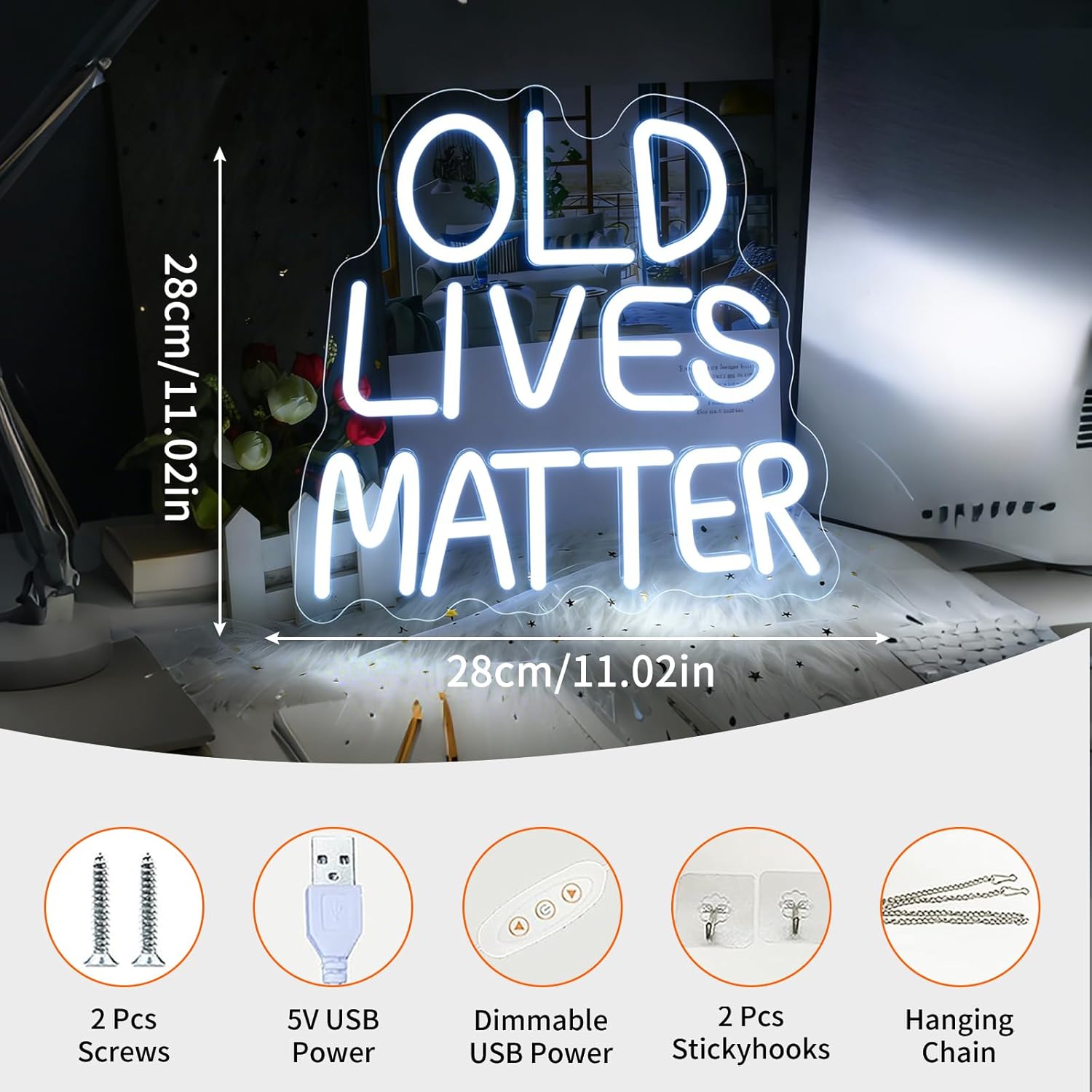 Thumbnail 1 de Old Lives Matter Neon Schild – LED Weiß, USB, dimmbar (28×28 cm)