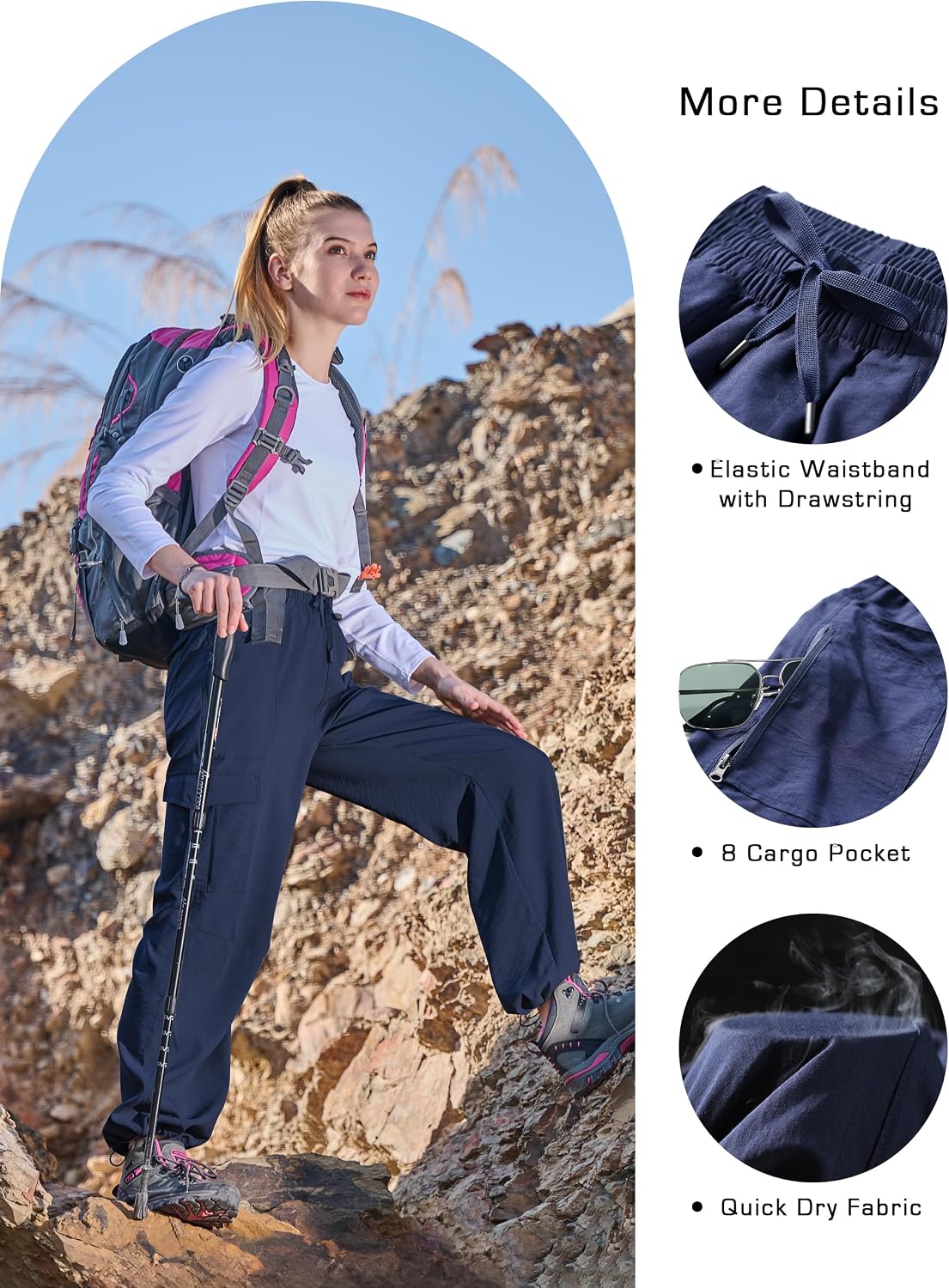 Detalle 2 de KPSUN Women's Quick-Dry Cargo Hiking Pants, 8 Pockets, Adjustable Cuffs
